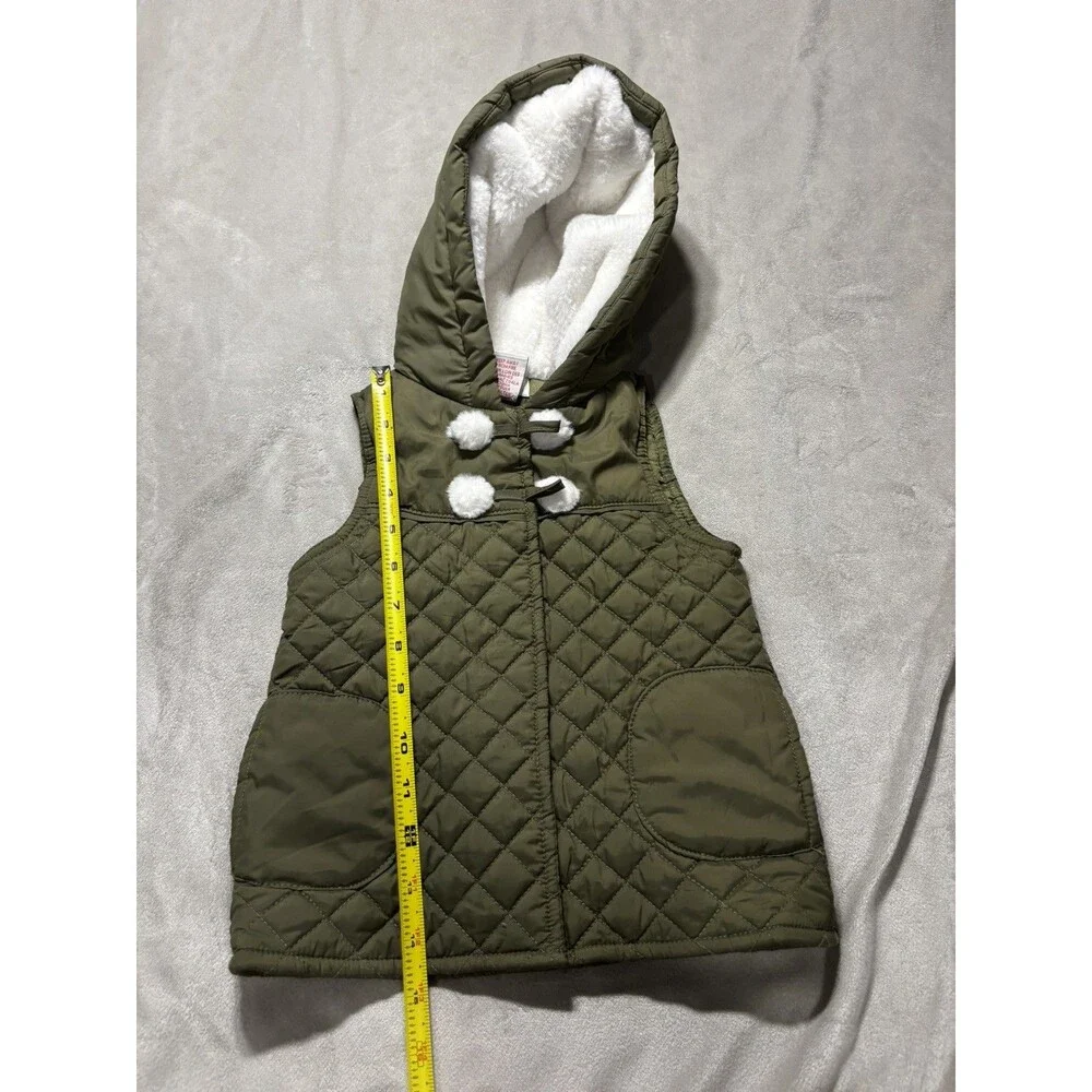 Aspen Quilted Hooded Vest Pom Pom Accents Sherpa Lined Green 3T Fuzzy Zip Up